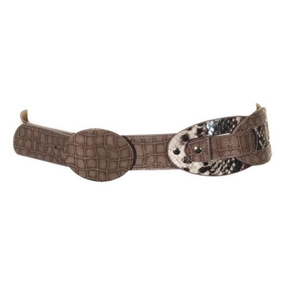 Chicos Brown Croc Embossed Leather Belt With Snake Print Accents Medium - Picture 3 of 7